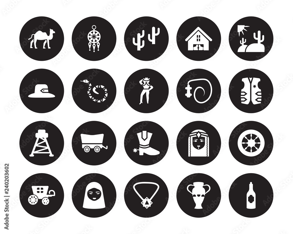 20 vector icon set : Dromedary, Amphora, Amulet, Arab, Carriage, Desert Landscape, cowboy Whip, Cowboy Boot, Tower, Crotalus, Tree isolated on black background