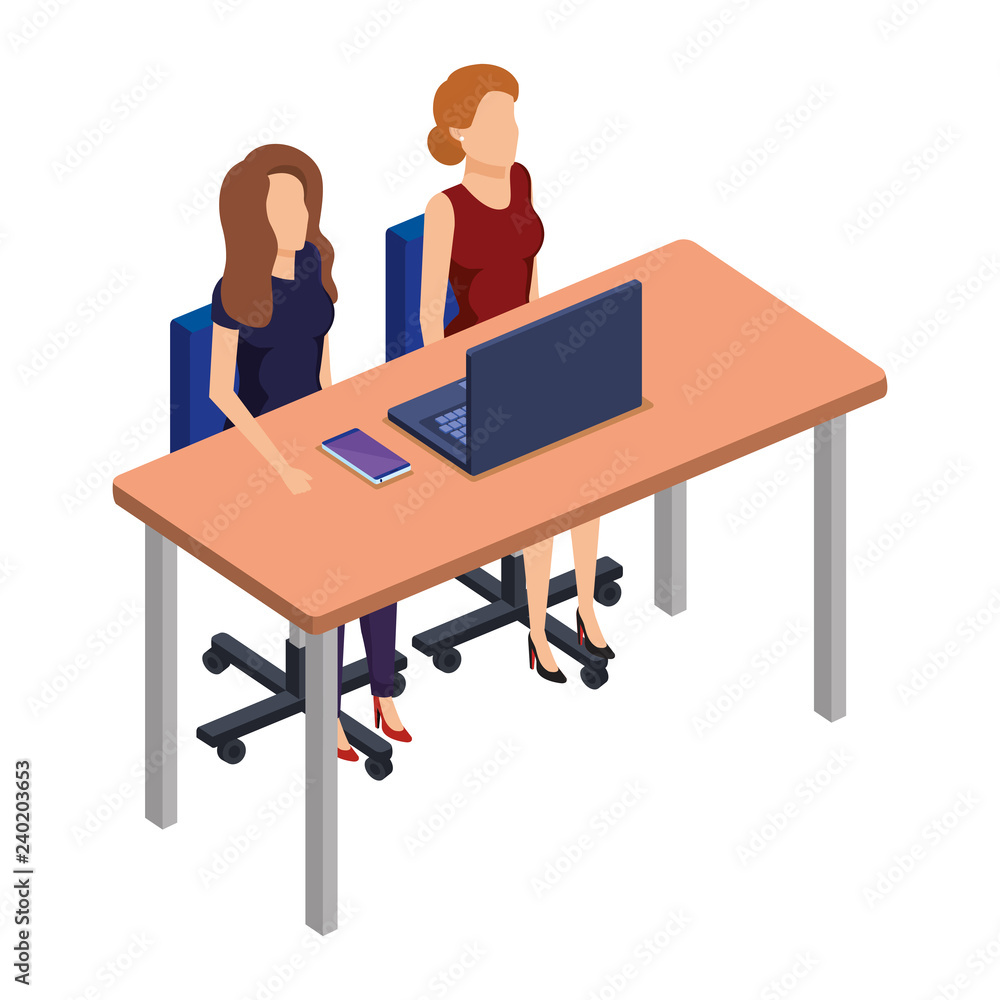 couple businesswomen in desk and laptop couple businesswomen in desk and laptop