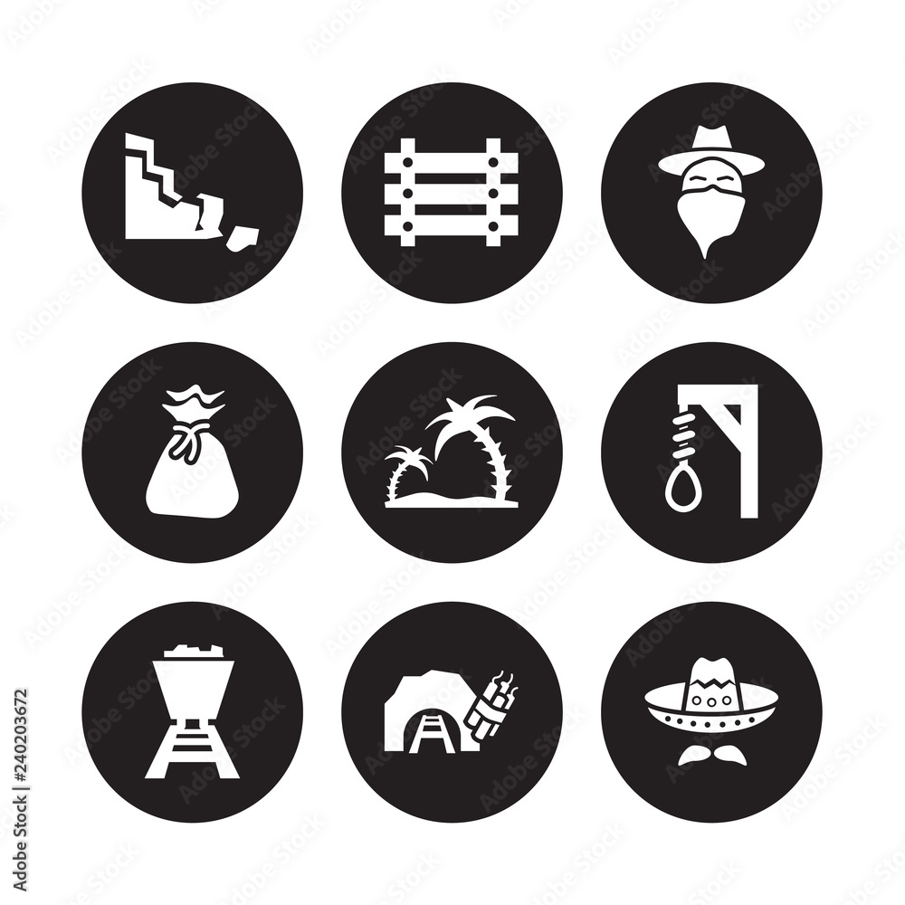 9 vector icon set : Rock, Paddock, Mine Wagon, Noose, Oasis, Outlaw, Old Money Bag, isolated on black background 9 vector icon set : Rock, Paddock, Mine Wagon, Noose, Oasis, Outlaw, Old Money Bag, isolated on black background