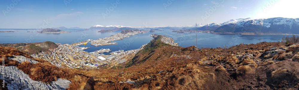 Panorama of west Norway coastline from the Sukkertoppen hill Panorama of west Norway coastline from the Sukkertoppen hill