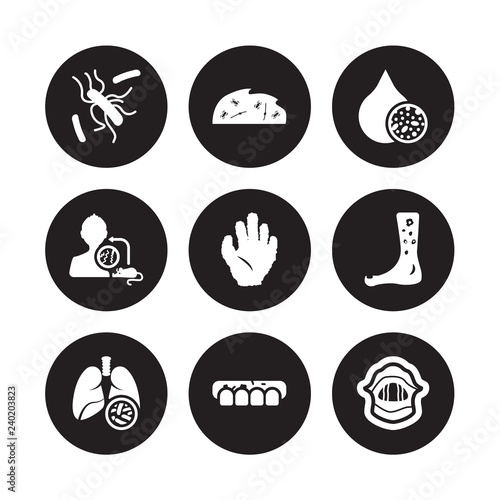9 vector icon set : Leishmaniasis, Legionellosis, Kidney stone disease, Kuru, Kwashiorkor, Lead poisoning, Laryngitis, Disease (Chronic Disease) isolated on black background
