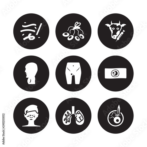 9 vector icon set : Lupus, Lung cancer, Leukemia, Lice, Limbtoosa, Loiasis, Listeriosis, Leptospirosis isolated on black background