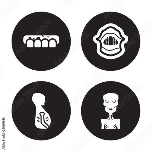 4 vector icon set : Kidney Disease (Chronic Disease), Jaundice, Keloids, Irritable bowel syndrome isolated on black background