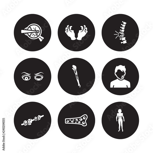 9 vector icon set : Mononucleosis, Migraine, Metastatic cancer, Methicillin-resistant Staphylococcus aureus (MRSA), Mí©niíÂre's disease isolated on black background
