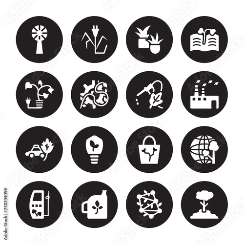 16 vector icon set : eco Turbine, Bio, Biodiesel, Biofuel, Eco, Ecology, Eco light, car, fuel isolated on black background