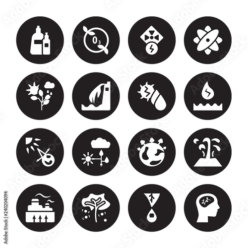 16 vector icon set : Plastic, Environment, Fruit tree, Geothermal Energy, Geyser, Ecologism, Nature, house effect, Hydro power isolated on black background