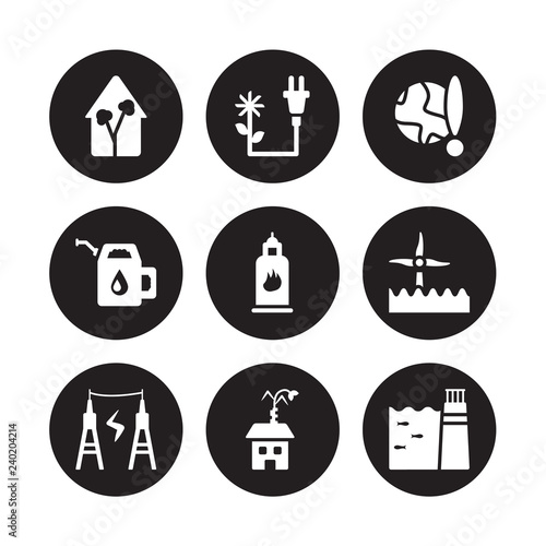 9 vector icon set : house, power, Energy, Eolic energy, Gas, Global warming, Gasoline, Eco house isolated on black background