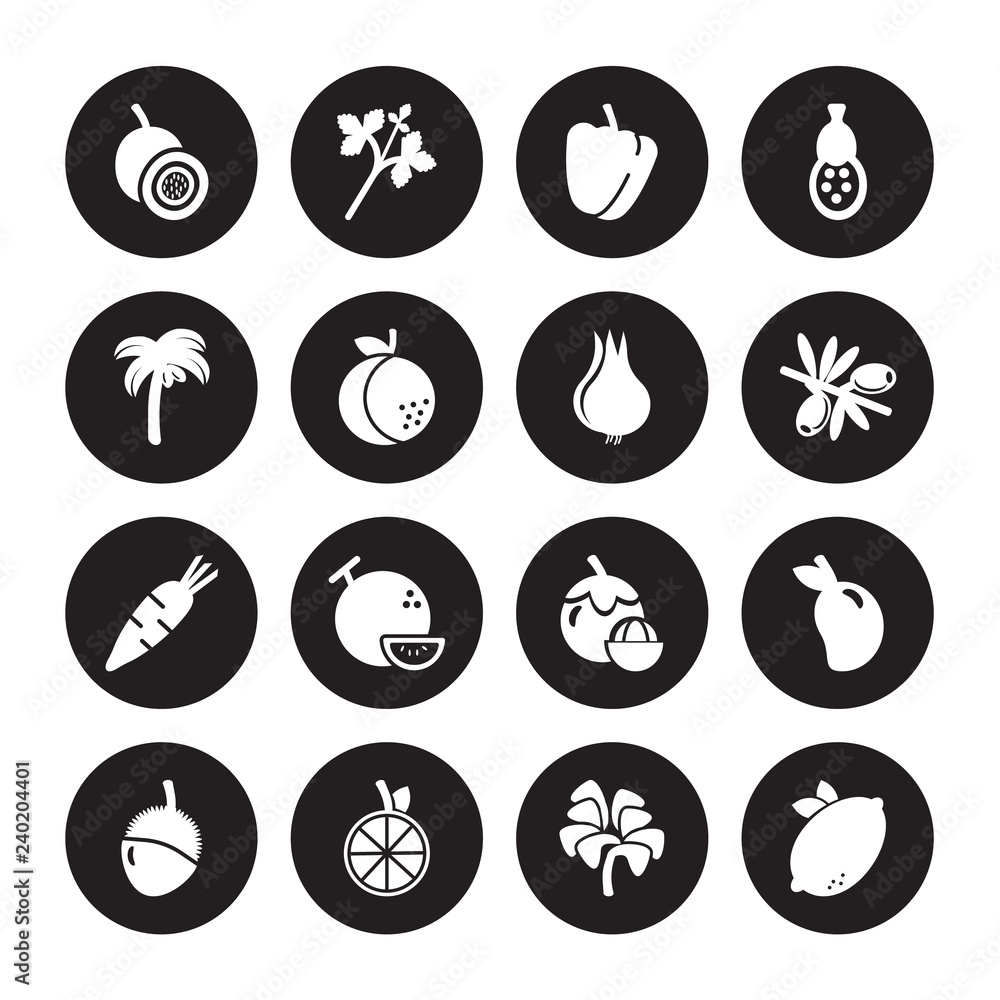 16 vector icon set : Passion fruit, Lettuce, Lime, Lychee, Mango, Lemon, Palm, Melon, Onion isolated on black background 16 vector icon set : Passion fruit, Lettuce, Lime, Lychee, Mango, Lemon, Palm, Melon, Onion isolated on black background