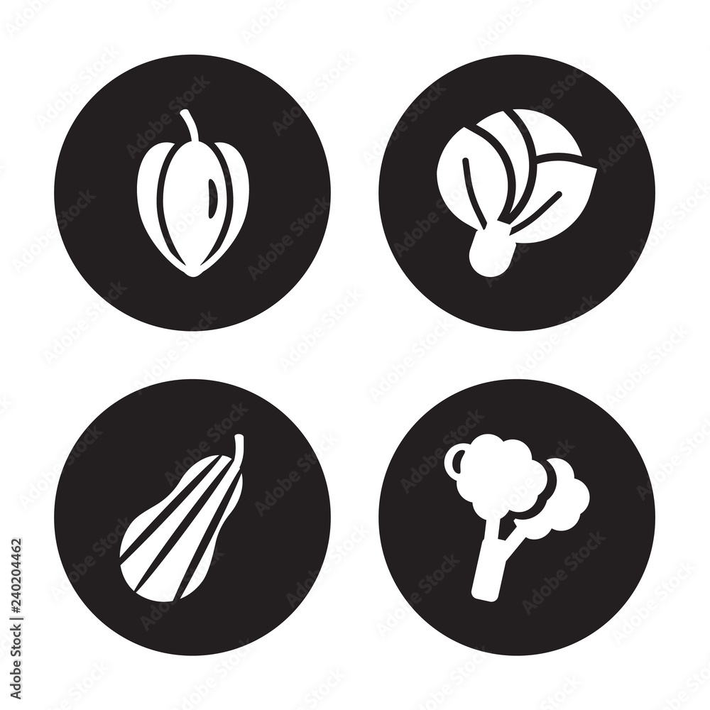 4 vector icon set : Carambola, Butternut squash, Cabbage, Broccoli isolated on black background 4 vector icon set : Carambola, Butternut squash, Cabbage, Broccoli isolated on black background