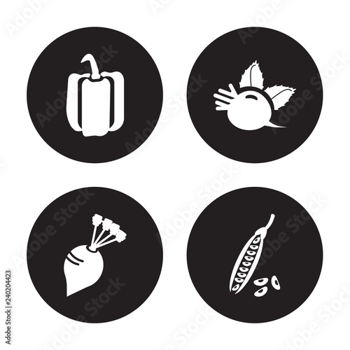 4 vector icon set : Bell pepper, Beet, Beetroot, Beans isolated on black background