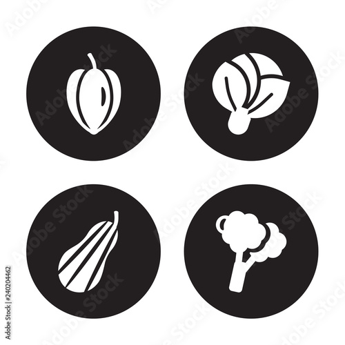 4 vector icon set : Carambola, Butternut squash, Cabbage, Broccoli isolated on black background