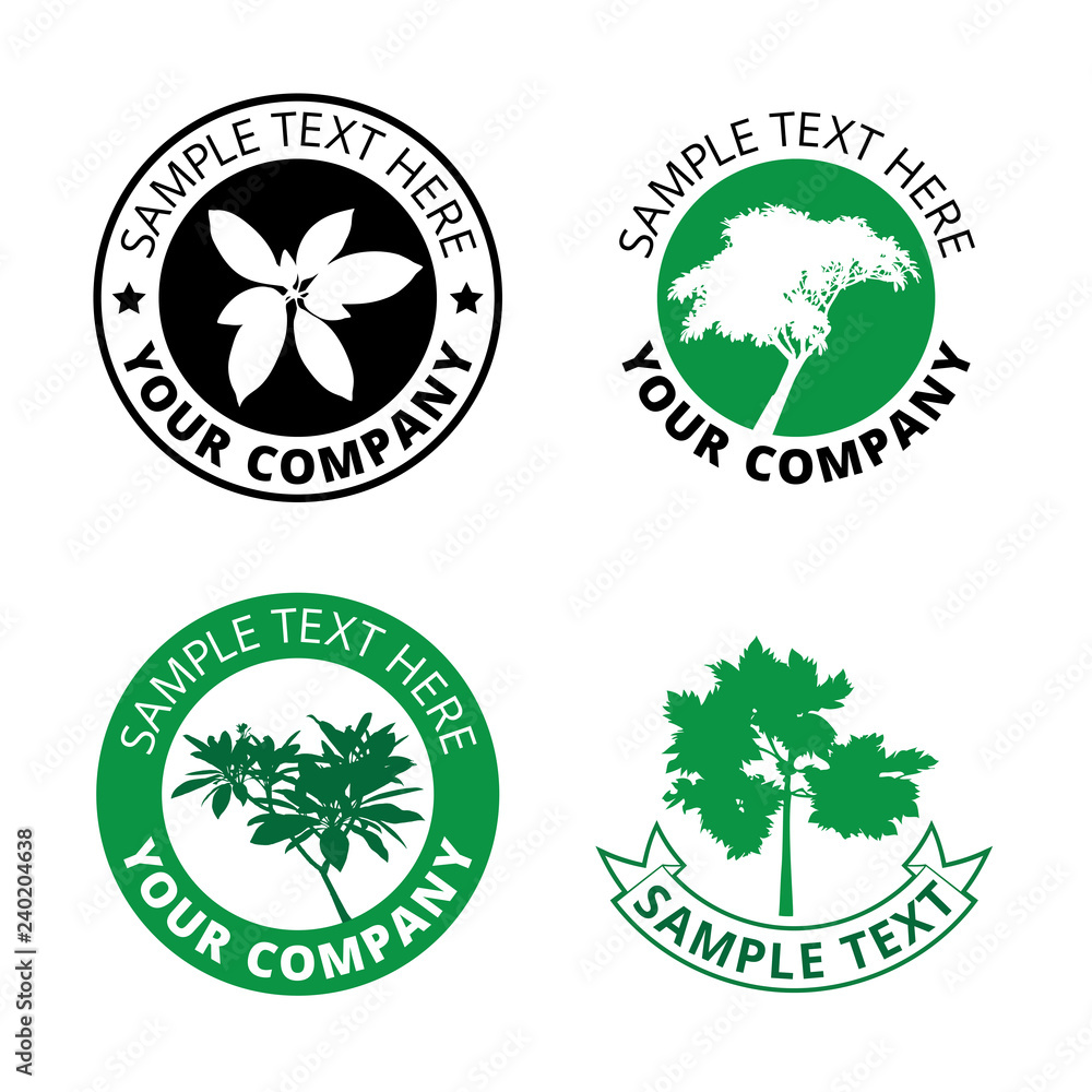 Group of black tree logo circle border, set of silhouette forest icon sphere print, ecology plant sign in cycle label an sample text. Group of black tree logo circle border, set of silhouette forest icon sphere print, ecology plant sign in cycle label an sample text.