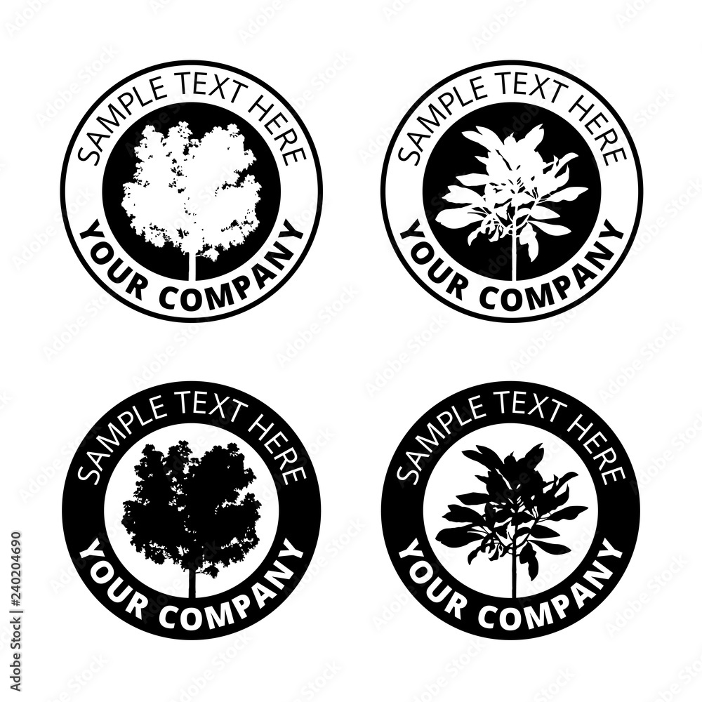 Group of black tree logo circle border, set of silhouette forest icon sphere print, ecology plant sign in cycle label.