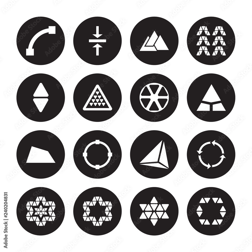 16 vector icon set : Closed Curve, Star of six points, ornament small triangles, Synergy isolated on black background 16 vector icon set : Closed Curve, Star of six points, ornament small triangles, Synergy isolated on black background