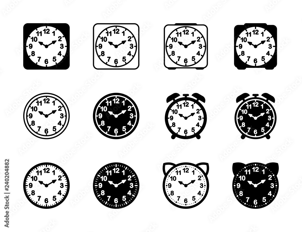 Set of black and alarm clock flat block icon design, classic vintage dial wall timer. Basic round face watch easy digit number show time hour and minute. Stock Vector
