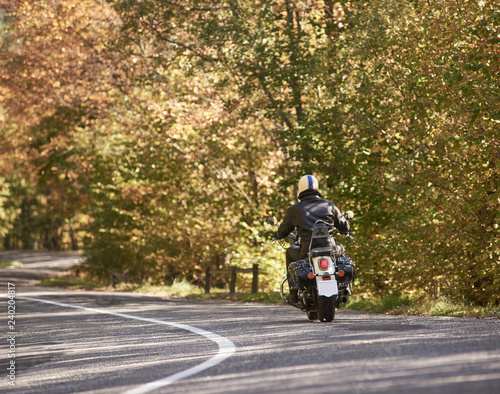 Back view of motorcyclist in black leather jacket and helmet riding cruiser motorbike along twisted asphalt road on bright sunny autumn day on yellow forest trees foliage background.