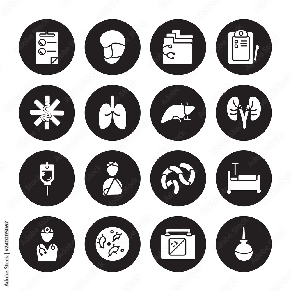 16 vector icon set : Injury, Defibrillator, Desinfectant, Drugs, Electrocardiogram, Crutch, Gynecology, Enema, First aid kit isolated on black background