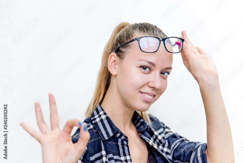 Young woman with bad eyesight with glasses and contact lenses Young woman with bad eyesight with glasses and contact lenses