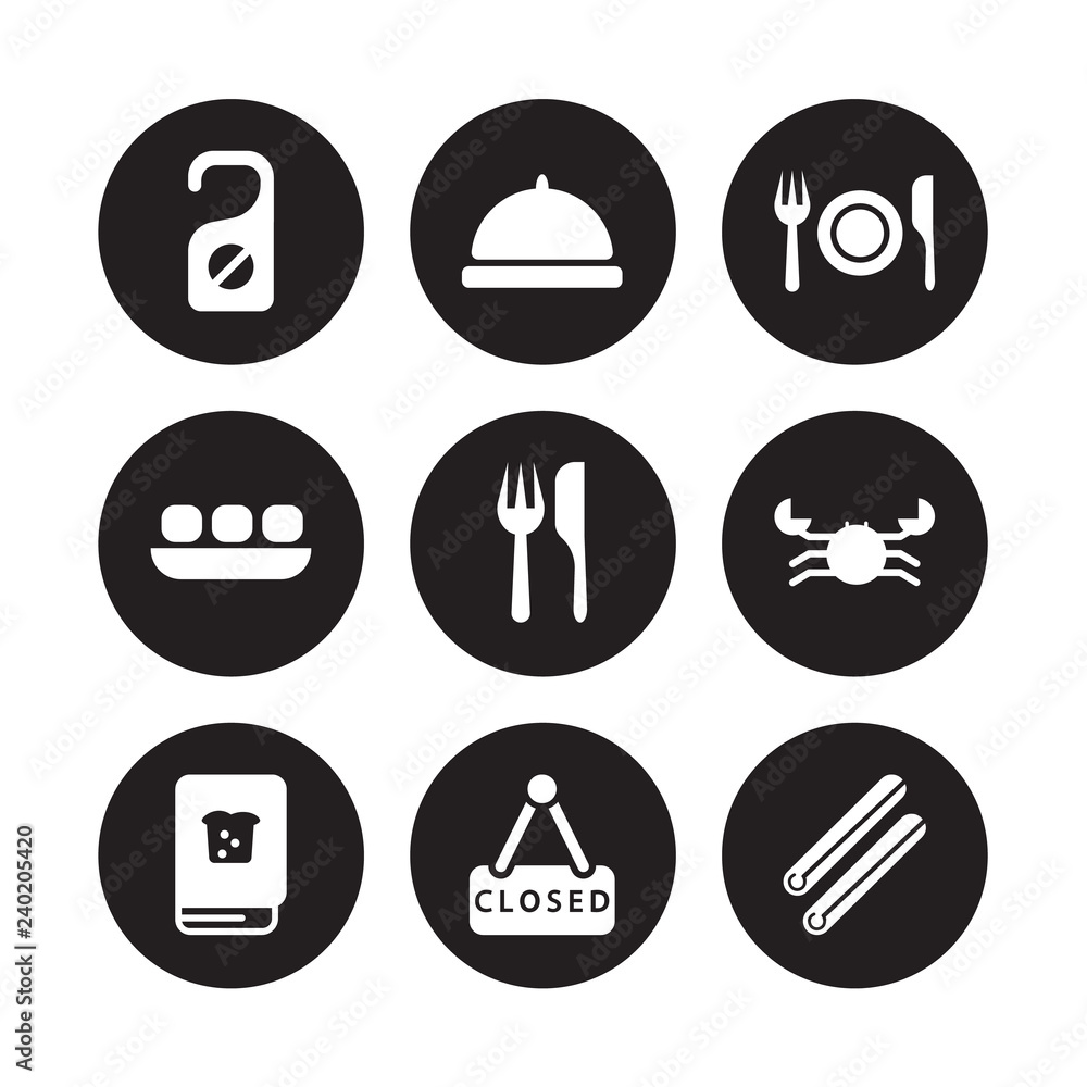9 vector icon set : Do not disturb, Dish, Cookbook, Crab, Cutlery, Dinner, Dim sum, Closed isolated on black background 9 vector icon set : Do not disturb, Dish, Cookbook, Crab, Cutlery, Dinner, Dim sum, Closed isolated on black background