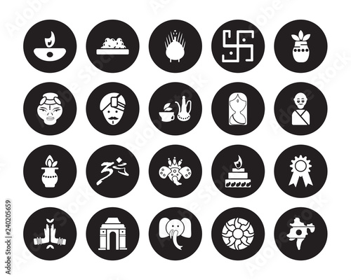 20 vector icon set : Diwali lamp, Rangoli, indian Elephant, Gate of india, Namaste, Kumbh kalash, Woman, Goddess, Kalasha, Man, Turkey isolated on black background
