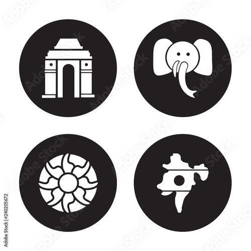 4 vector icon set : Gate of india, Rangoli, indian Elephant, India isolated on black background