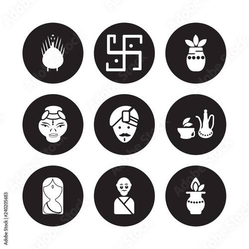 9 vector icon set : Turkey, hindu Swastika, Woman, indian Tea, Man, Kumbh kalash, Kathakali, mahatma gandhi isolated on black background
