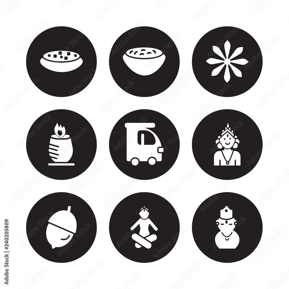 9 vector icon set : Tikka masala, Curry, Nut, Ardhanareeswara, Ricksaw, Anise, Tandoori, Lakshmi isolated on black background 9 vector icon set : Tikka masala, Curry, Nut, Ardhanareeswara, Ricksaw, Anise, Tandoori, Lakshmi isolated on black background