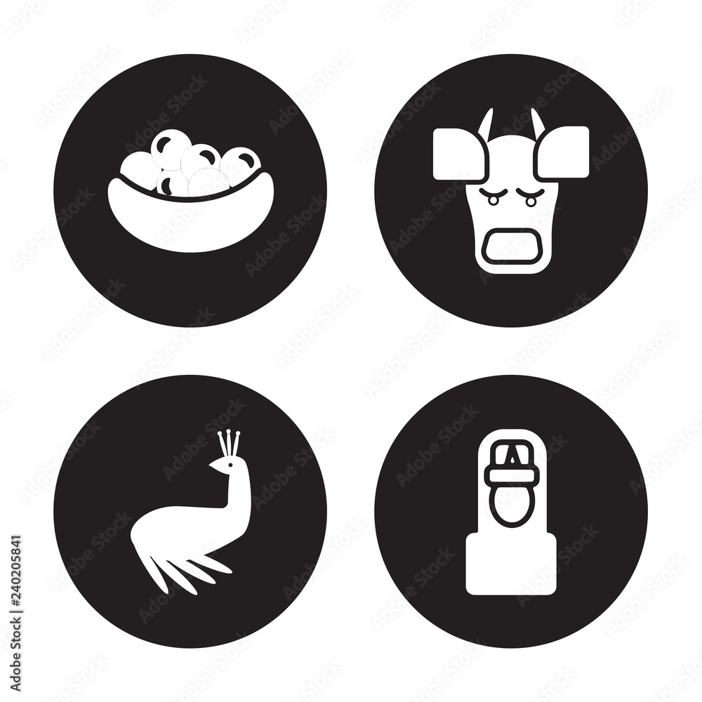 4 vector icon set : Laddu, Peacock, indian Cow, Vishnu isolated on black background 4 vector icon set : Laddu, Peacock, indian Cow, Vishnu isolated on black background