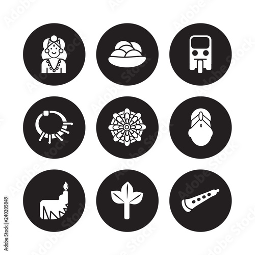 9 vector icon set : Alamelu, Kanji vadas, Dipa, Bindi, Mandala, Tuk tuk, Devi, Bael tree isolated on black background