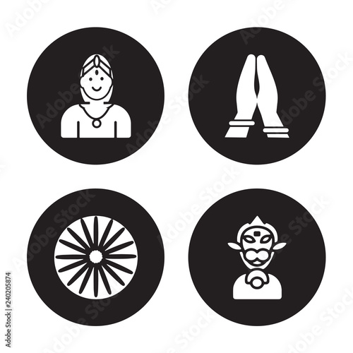 4 vector icon set : Chandra, Ashoka, India Mother, Hanuman isolated on black background