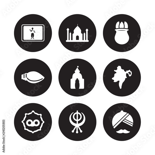 9 vector icon set : bollywood, uttar pradesh, telugu language, assam, odisha, ugadi, biju janata dal, sikhism isolated on black background