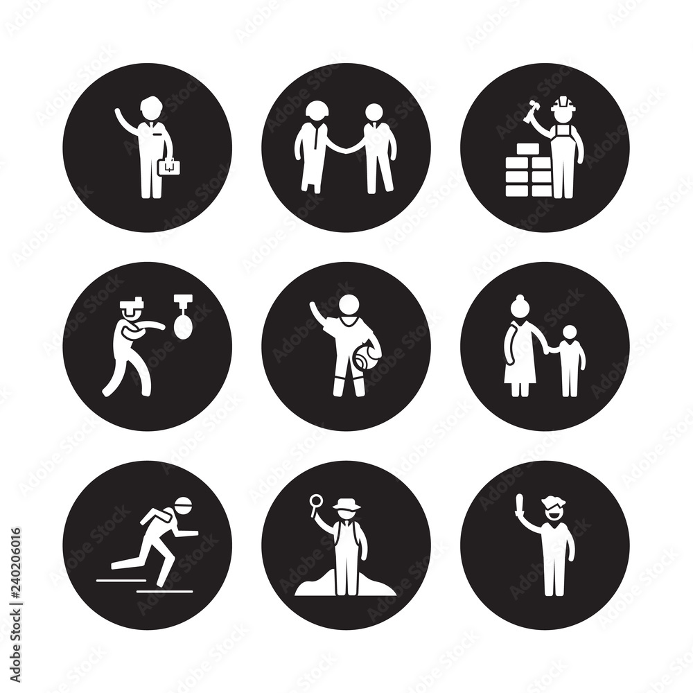 9 vector icon set : Businessman, HR Specialist, athlete, Baby sitter, Basketball player, Builder, Boxer, Archeologist isolated on black background 9 vector icon set : Businessman, HR Specialist, athlete, Baby sitter, Basketball player, Builder, Boxer, Archeologist isolated on black background
