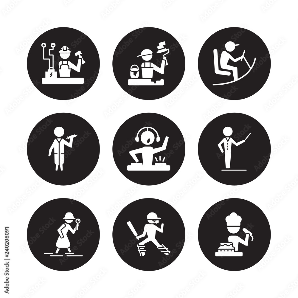 9 vector icon set : Electrician, Dyer, Detective, Director, dj, Driver, Doctor, Cricket player isolated on black background 9 vector icon set : Electrician, Dyer, Detective, Director, dj, Driver, Doctor, Cricket player isolated on black background
