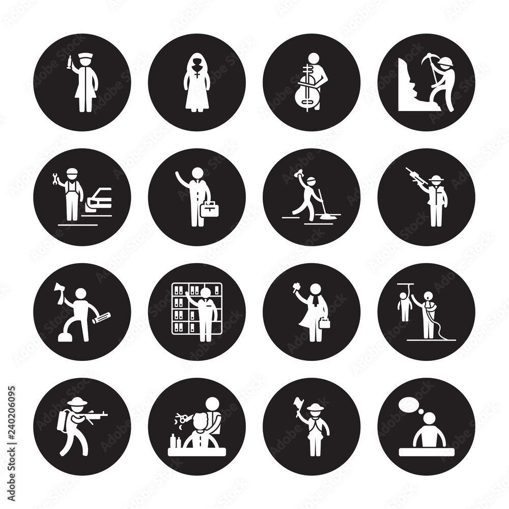 16 vector icon set : Nurse, Guide, Hairdresser, Hunter, journalist, Graphic de, Mechanic, Lumberjack, Maid isolated on black background 16 vector icon set : Nurse, Guide, Hairdresser, Hunter, journalist, Graphic de, Mechanic, Lumberjack, Maid isolated on black background