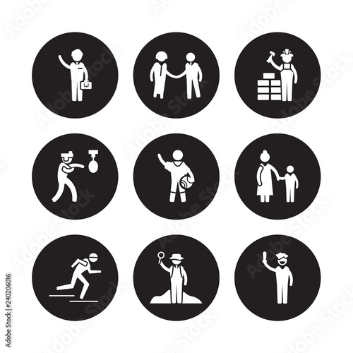 9 vector icon set : Businessman, HR Specialist, athlete, Baby sitter, Basketball player, Builder, Boxer, Archeologist isolated on black background