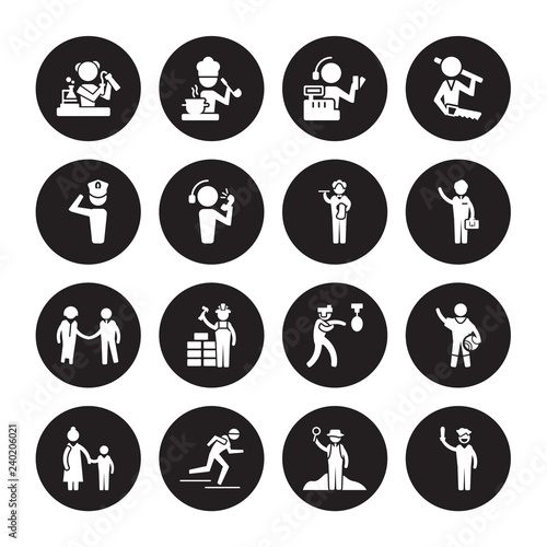 16 vector icon set : Chemist, Archeologist, athlete, Baby sitter, Basketball player, Actor, captain, HR Specialist, Butler isolated on black background