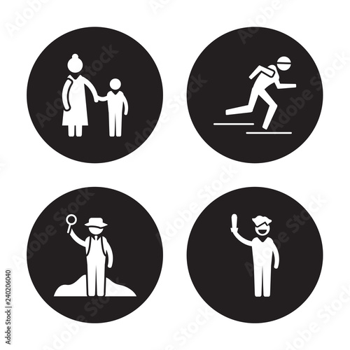 4 vector icon set : Baby sitter, Archeologist, athlete, Actor isolated on black background