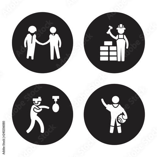 4 vector icon set : HR Specialist, Boxer, Builder, Basketball player isolated on black background
