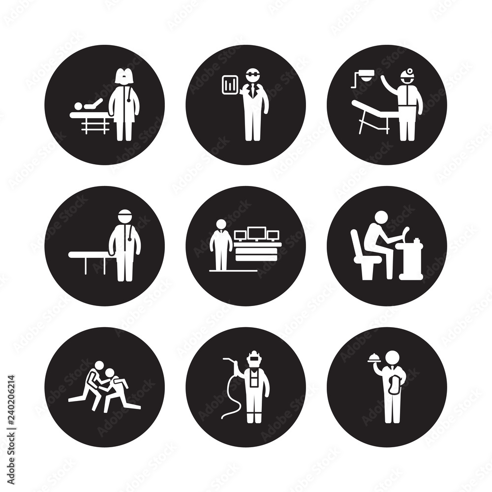 9 vector icon set : Pediatrician, Statistician, Wrestling, Writer, Software Developer, Orthodontist, Physician Assistant, Welder isolated on black background 9 vector icon set : Pediatrician, Statistician, Wrestling, Writer, Software Developer, Orthodontist, Physician Assistant, Welder isolated on black background