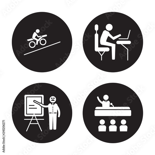 4 vector icon set : Racer, Professor, Programmer, President isolated on black background