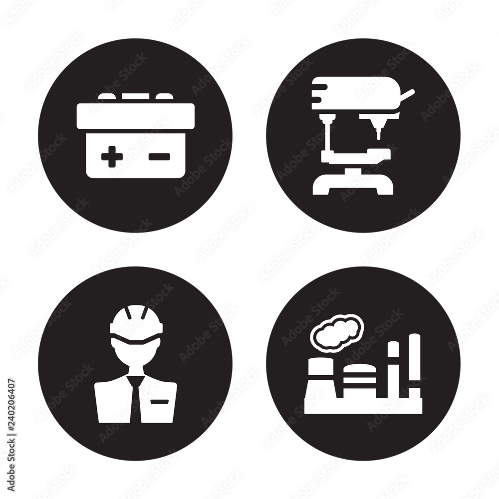 4 vector icon set : industrial Battery, Engineer, Drill, Industry isolated on black background 4 vector icon set : industrial Battery, Engineer, Drill, Industry isolated on black background