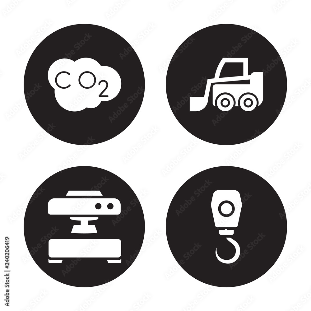 4 vector icon set : Co2, Machine press, skid loader, Hook crane isolated on black background 4 vector icon set : Co2, Machine press, skid loader, Hook crane isolated on black background