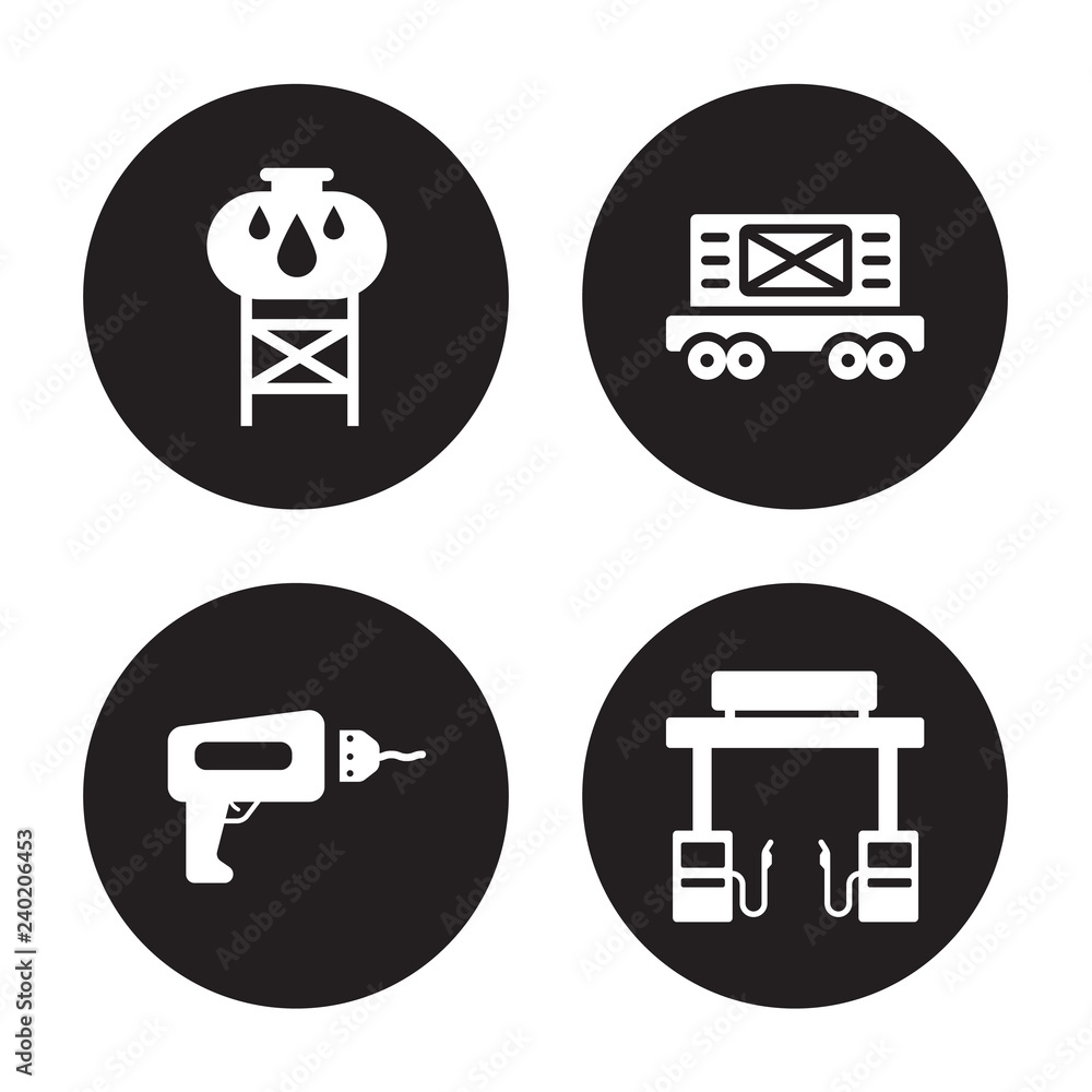 4 vector icon set : Water tank, Drilling machine, Train cargo, Fuel station isolated on black background 4 vector icon set : Water tank, Drilling machine, Train cargo, Fuel station isolated on black background