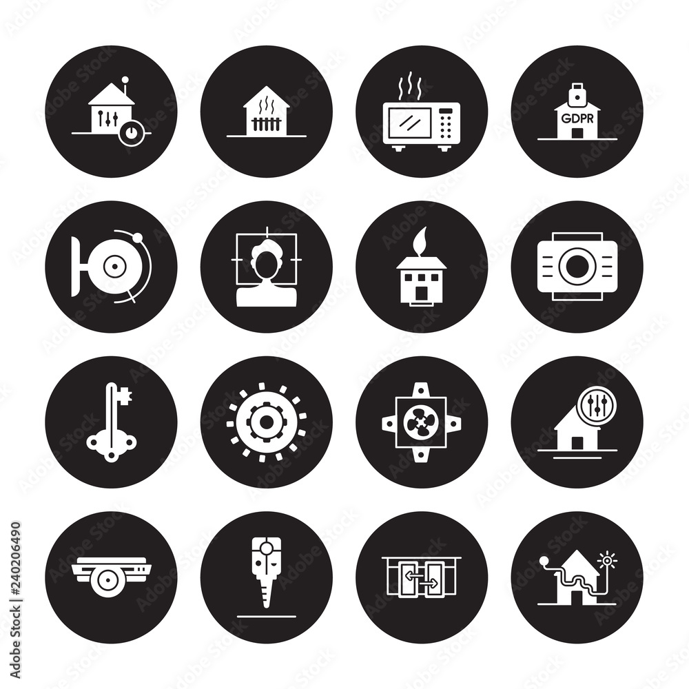 16 vector icon set : Home automation, automated door, Car key, Cd player, Control panel, alarm system, Fire alarm, Door Eco home isolated on black background 16 vector icon set : Home automation, automated door, Car key, Cd player, Control panel, alarm system, Fire alarm, Door Eco home isolated on black background