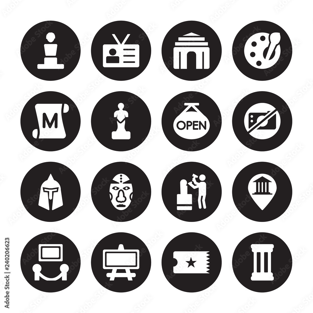 16 vector icon set : Bust, museum Ticket, Canvas, Exhibition, Map, antique Column, paper Scroll, roman or greek Helmet, Open isolated on black background 16 vector icon set : Bust, museum Ticket, Canvas, Exhibition, Map, antique Column, paper Scroll, roman or greek Helmet, Open isolated on black background