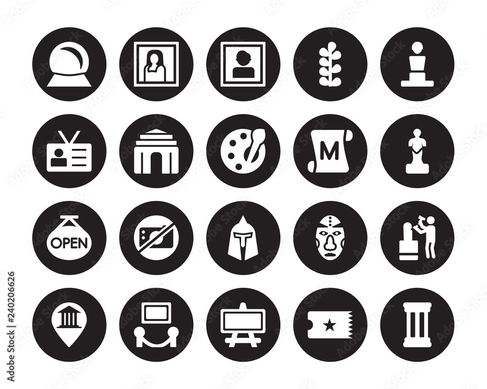 20 vector icon set : Souvenir, museum Ticket, Canvas, Exhibition, Map,  Bust, paper Scroll, roman or greek Helmet, Open, antic Architecture  isolated on black background Stock Vector | Adobe Stock