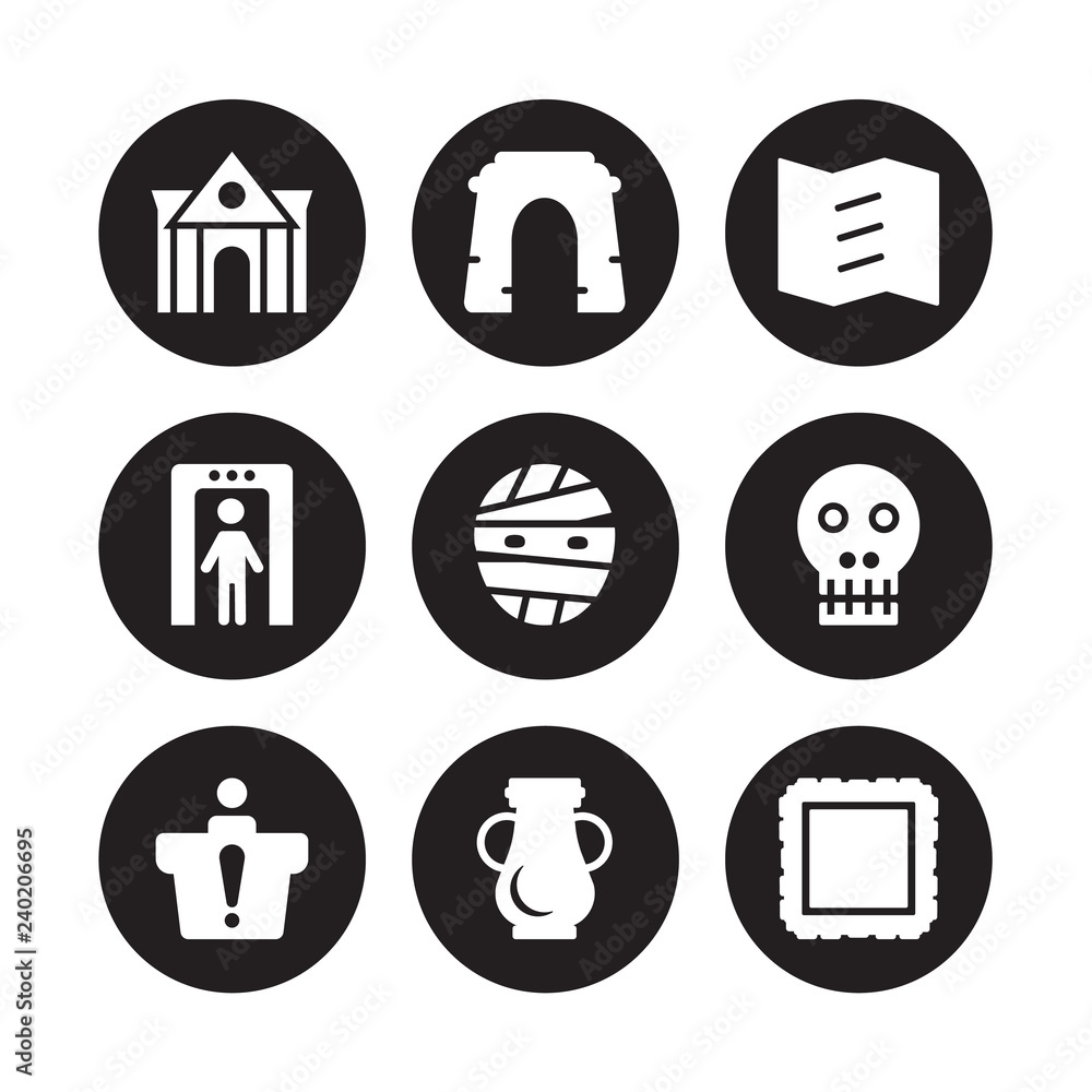 9 vector icon set : Museum building, Arc, Information desk, Anthropology, Mummy, Trifold, Metal detector, Ceramic isolated on black background 9 vector icon set : Museum building, Arc, Information desk, Anthropology, Mummy, Trifold, Metal detector, Ceramic isolated on black background