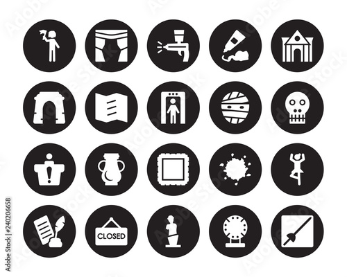20 vector icon set : Excursion, Porcelain, Venus de milo, Closed, Poetry, Museum building, Mummy, Frame, Information desk, Trifold, Airbrush isolated on black background