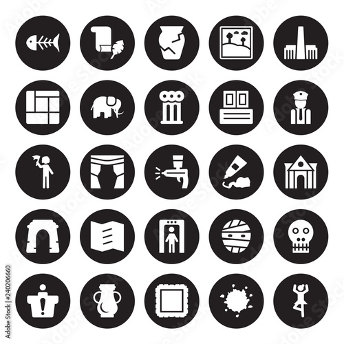 25 vector icon set : Fishbone, Ink, Frame, Ceramic, Information desk, Security guard, Acrylic, Metal detector, Arc, Mondrian, Ancient jar, Papyrus isolated on black background.