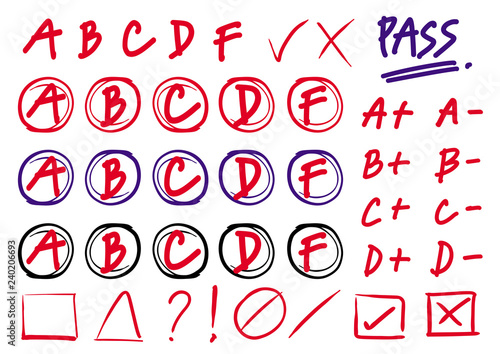 Hand draw vector - grades results with circles, pluses and minuses.